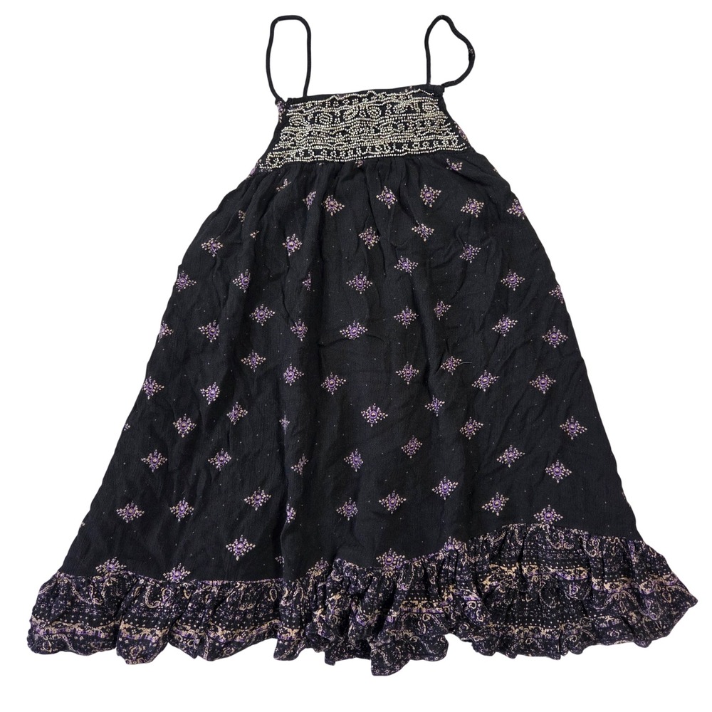 Sun & Shadow Womens XS Black Purple Beaded Boho Mini Dress Ruffle Hem Summer